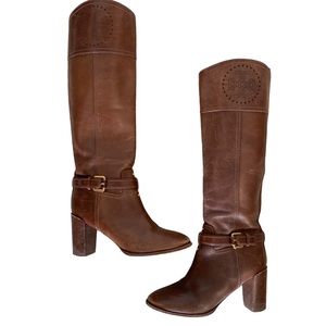 Tory Burch Brown Leather Riding Boot Logo size 8.5